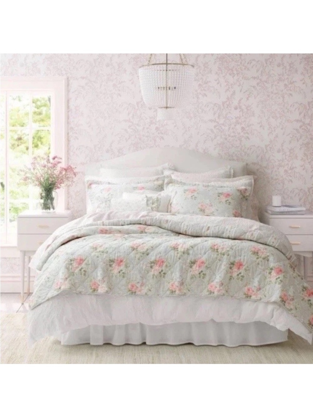 * Laura Ashley Full/Queen Melany Pink Floral Reversible QUILT 3pc Set & BedSkirt